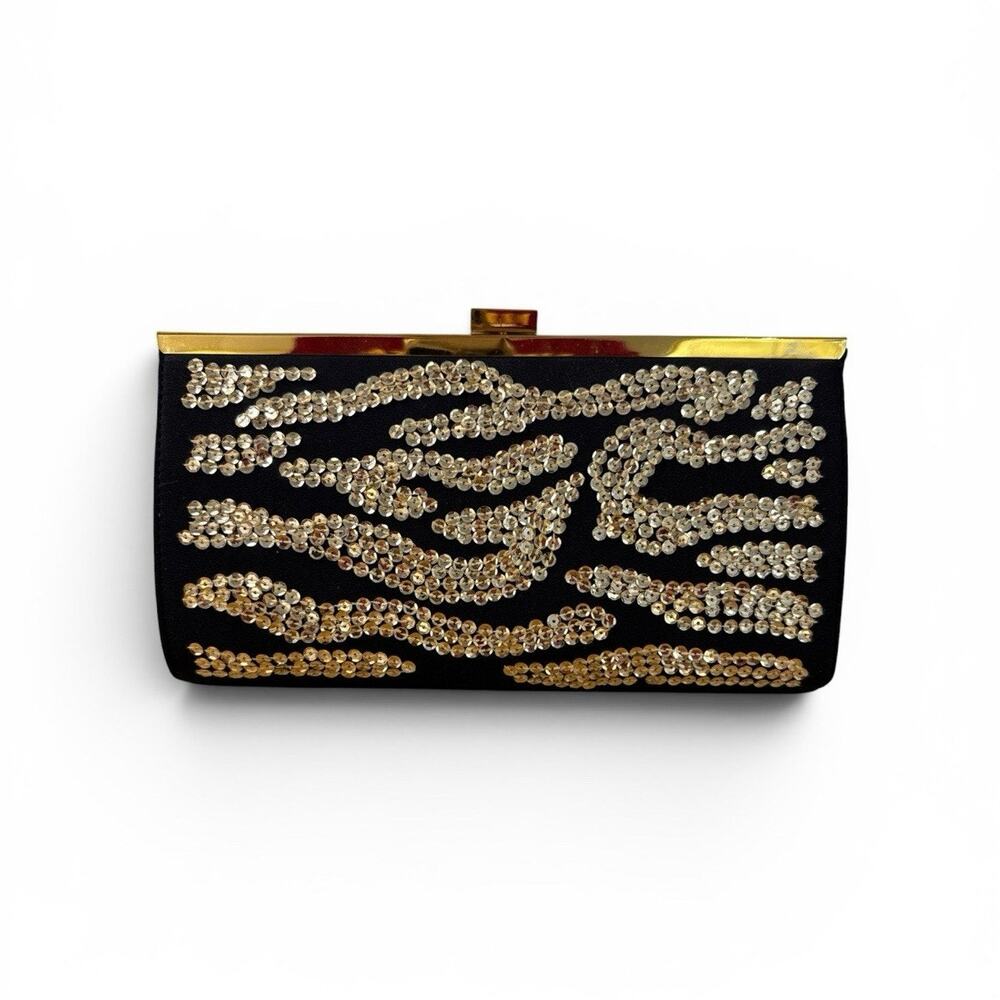 Diane Gilman Evening Clutch Bag Black Gold Sequin Zebra Stripe Frame Chain Purse